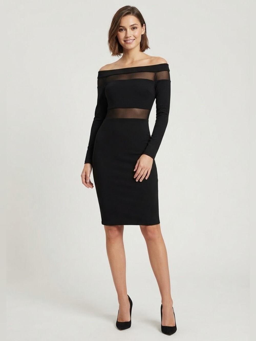 NEW Black Off-Shoulder Illusion Panel Bodycon Dress Size S/M/6